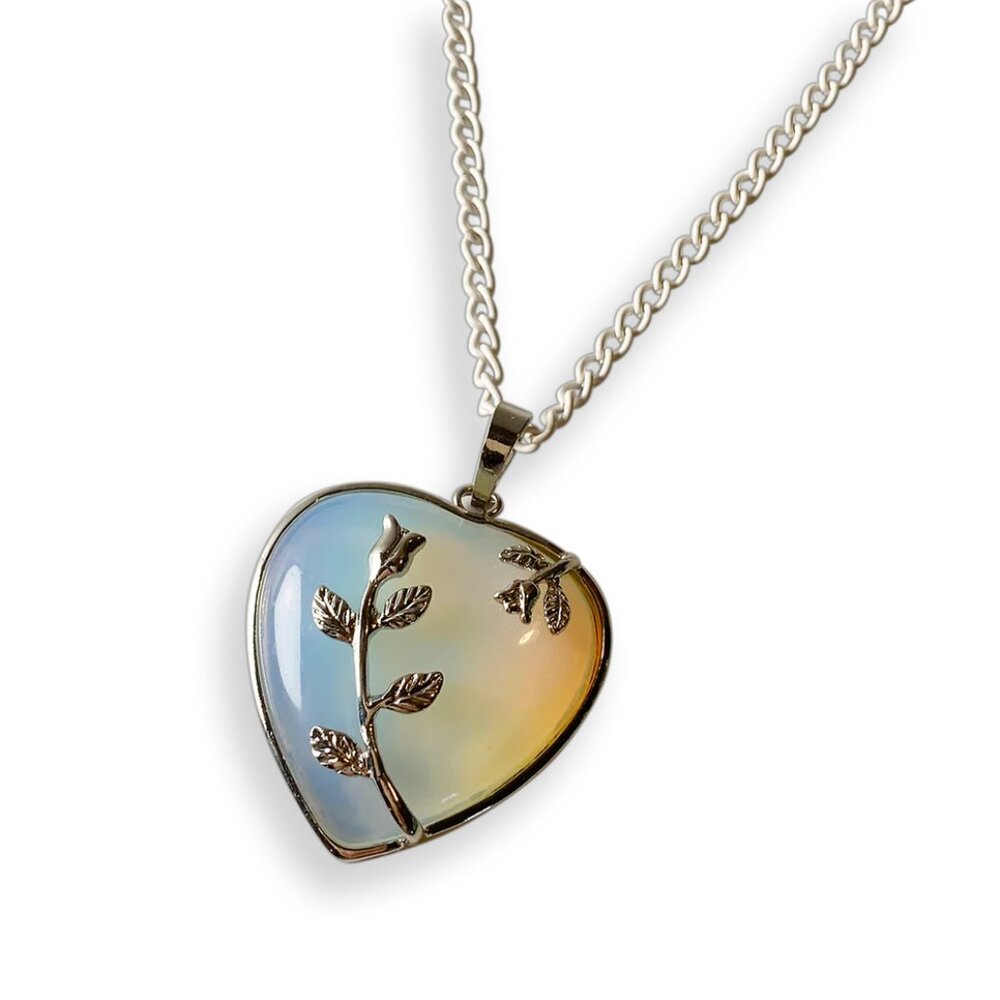 Icy Opalite Heart with with stainless steel rose clasp Necklace